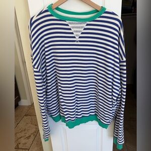 We The Free Blue and White Striped Crewneck Sweater with Green Trim